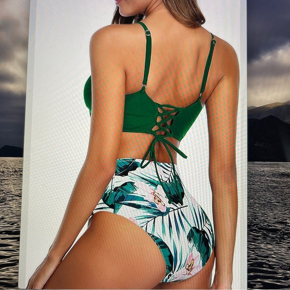 TEMPTME green floral lace up high waisted 2-piece swimsuit bikini NEW, size M - Picture 4 of 15